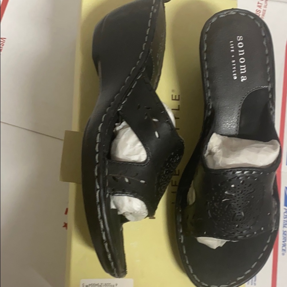 333 New Sonoma laurette black leather sandal slide on heel dress women's shoe 6 - Picture 6 of 9